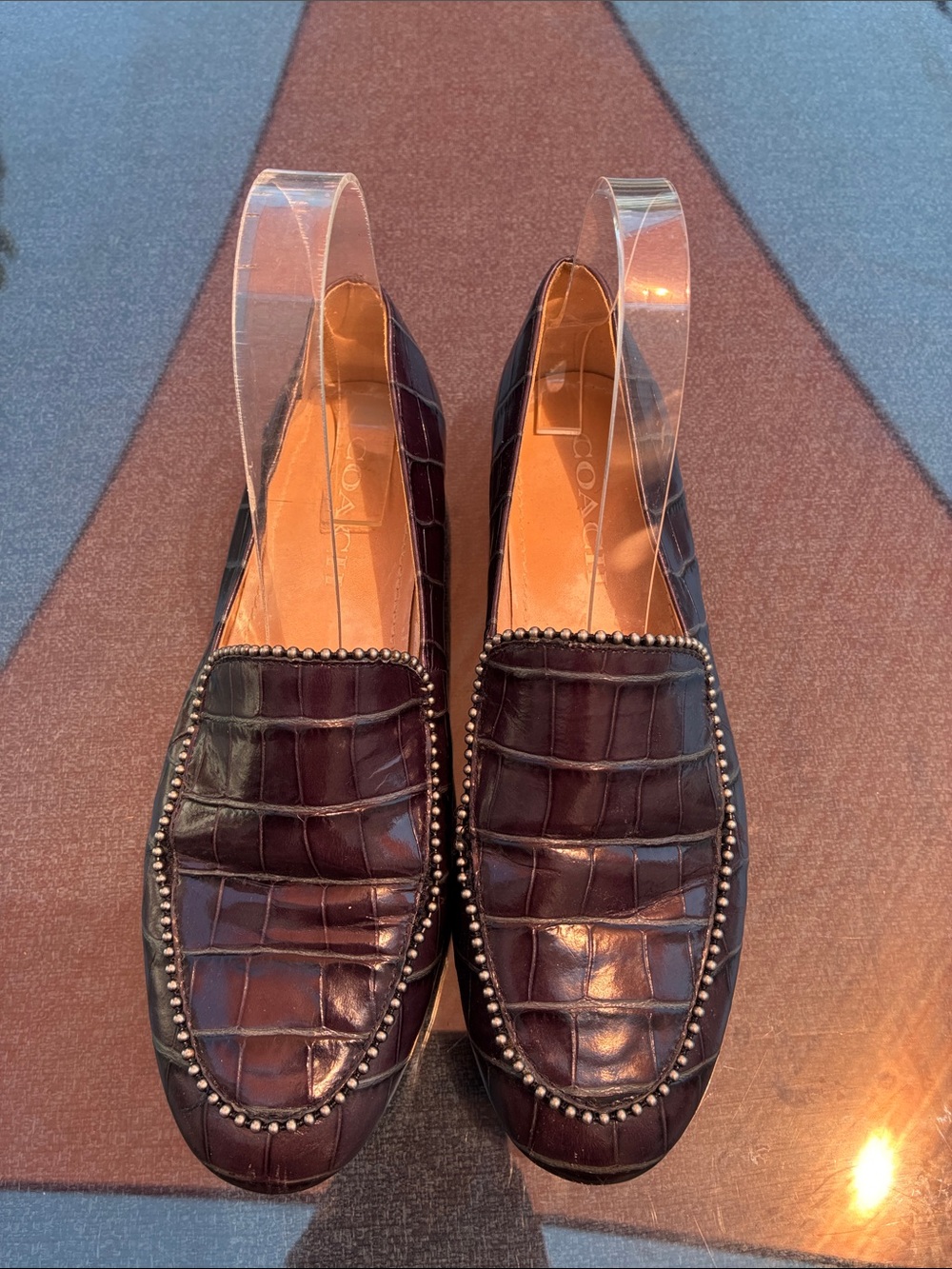 Coach, Harper Italian leather Cushioned Burgundy Croc-Embossed Leather Loafers